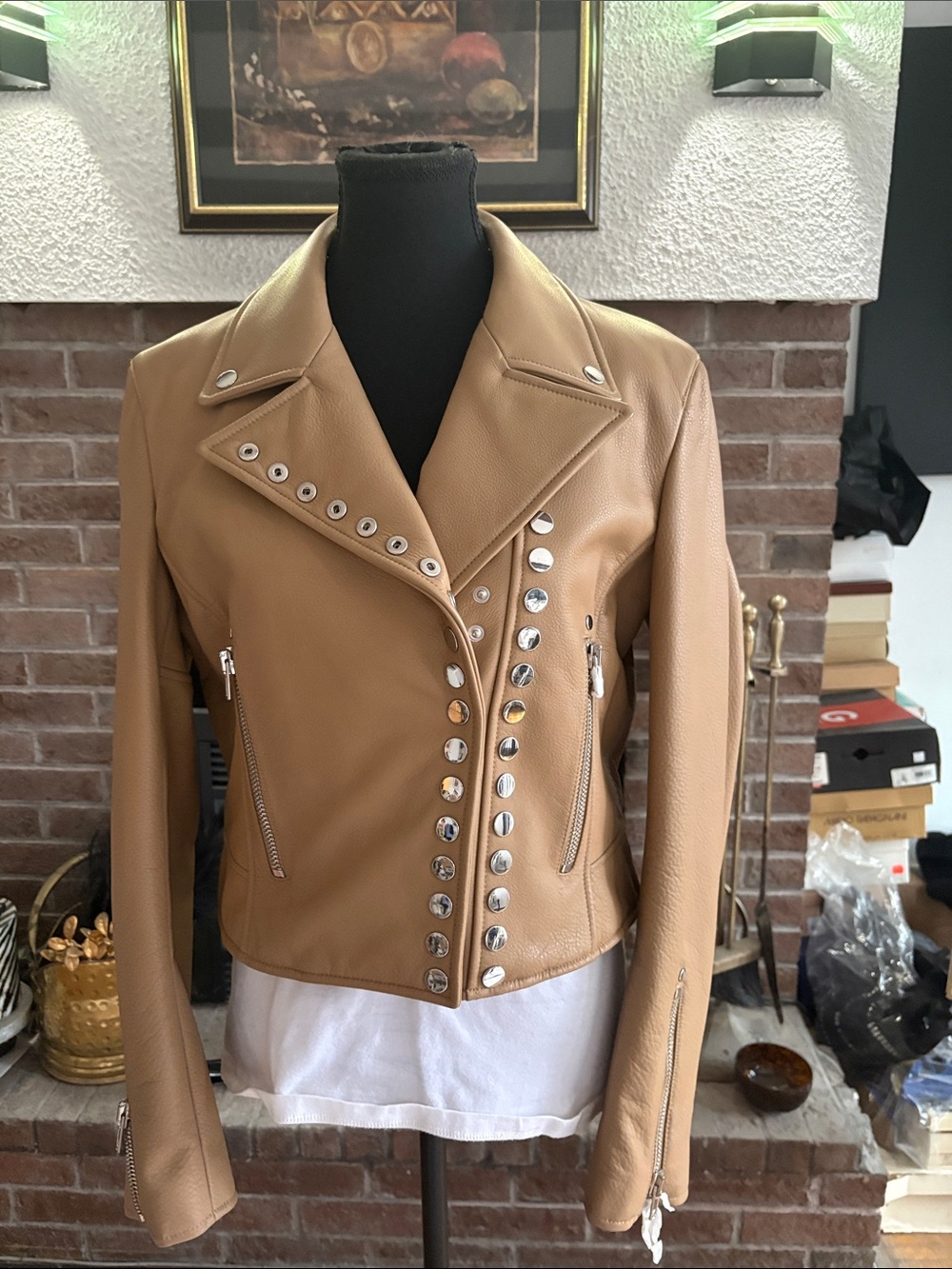Alexander Wang Tan Leather Moto Jacket with Silver Studs